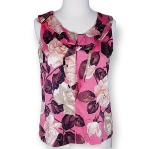 Talbots Silk Rose Print Ruffle Collar Sleeveless Stretch Blouse Peach Pink 12P